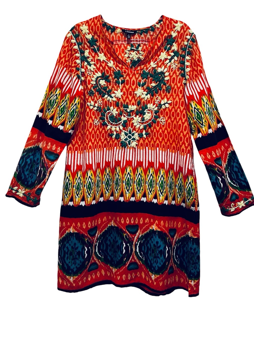 J Peterman Colorful Embroidered Sz S V-Neck Boho Tunic Dress Beach Gypsy Artsy